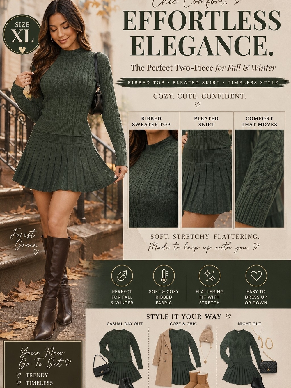 Fashion Nova Forest Green Ribbed Sweater & Pleated Skirt Set